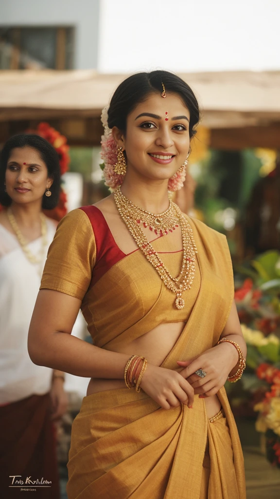 arafed woman in a sari and necklace with a flower garland, peredvishniki, inspired by T. K. Padmini, dressed in a sari, sf, indian goddess of wealth, sari, by T. K. Padmini, india, indian goddess, ritu kumar, hrd, by artist, a still of a happy, high level, official,