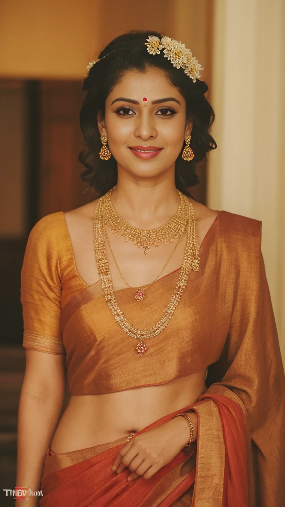 arafed woman in a sari and necklace with a flower garland, peredvishniki, inspired by T. K. Padmini, dressed in a sari, sf, indian goddess of wealth, sari, by T. K. Padmini, india, indian goddess, ritu kumar, hrd, by artist, a still of a happy, high level, official,