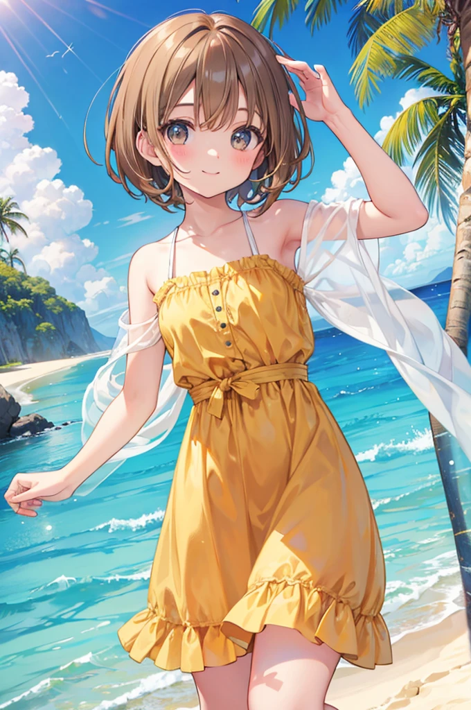 Light brown hair　Short Bob　Bun Hair　Brown eyes　Yellow dress　blue sea　White sand beach　Light of the sun　smile