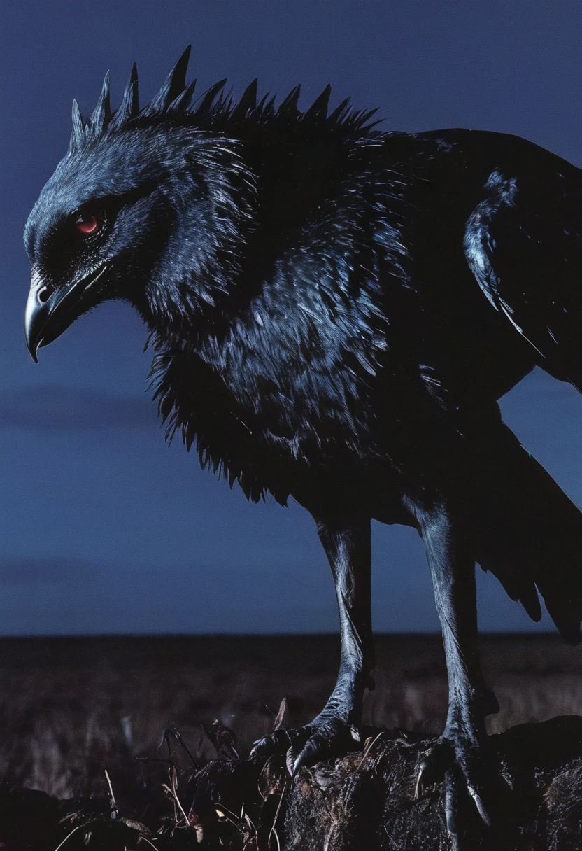 fashion shoot of giant black bird in darkness, blue background