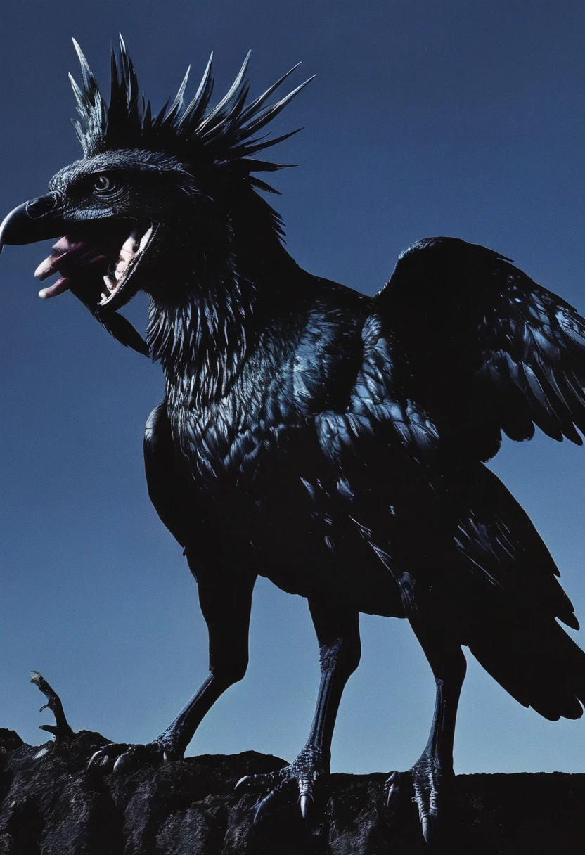 fashion shoot of giant black bird in darkness, blue background