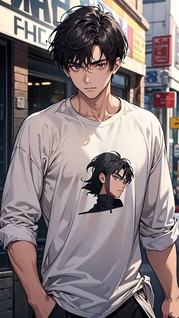 Male, college student, black hair, short hair, waxed hair, loose fitting shirt, designer clothes, upper body, facing the viewer,