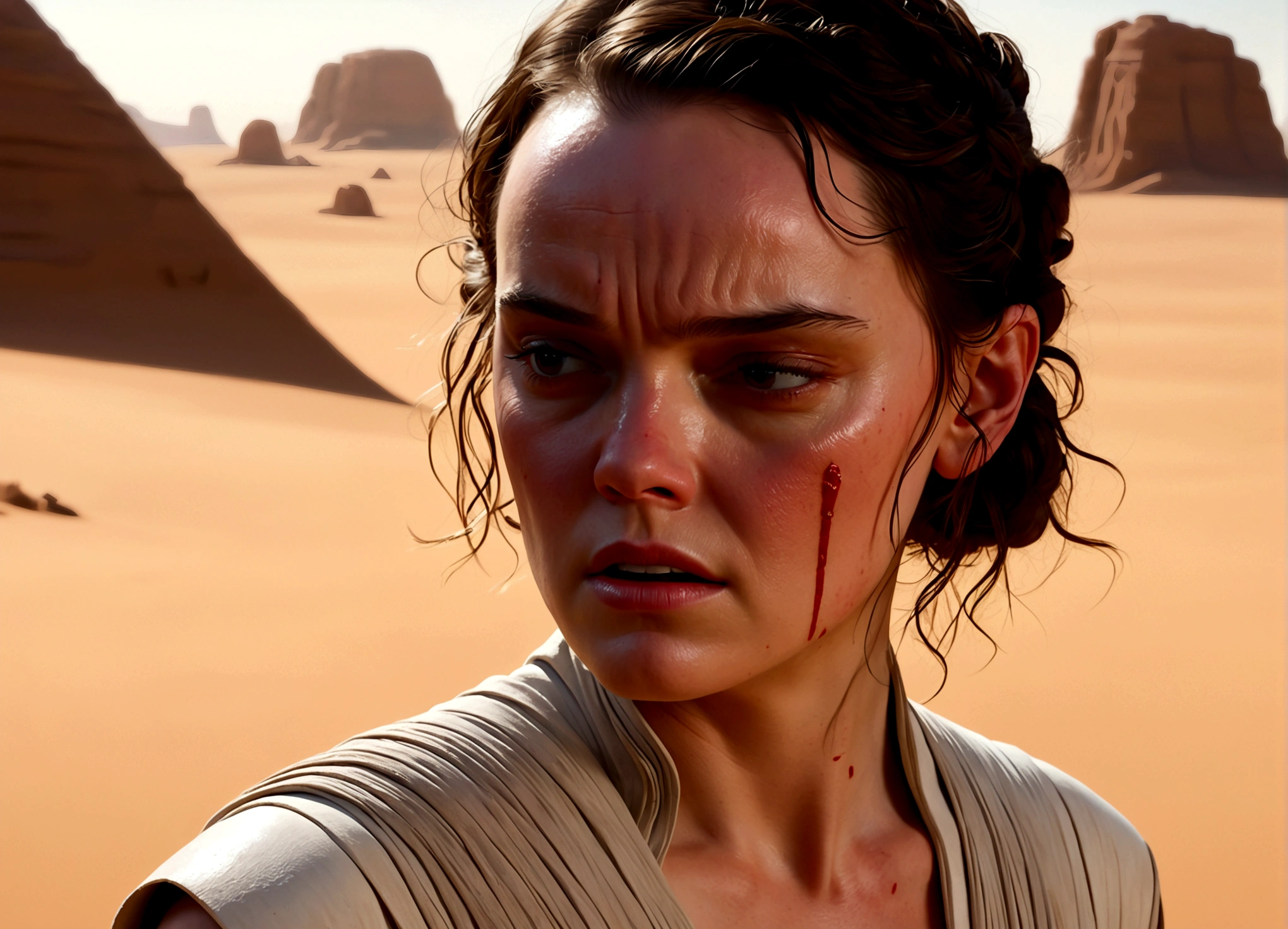 (Daisy Ridley as Star Wars Ray, patch over one eye, bloody beaten and battered, bandaging her wounds and crying, patch over one eye), desert world
