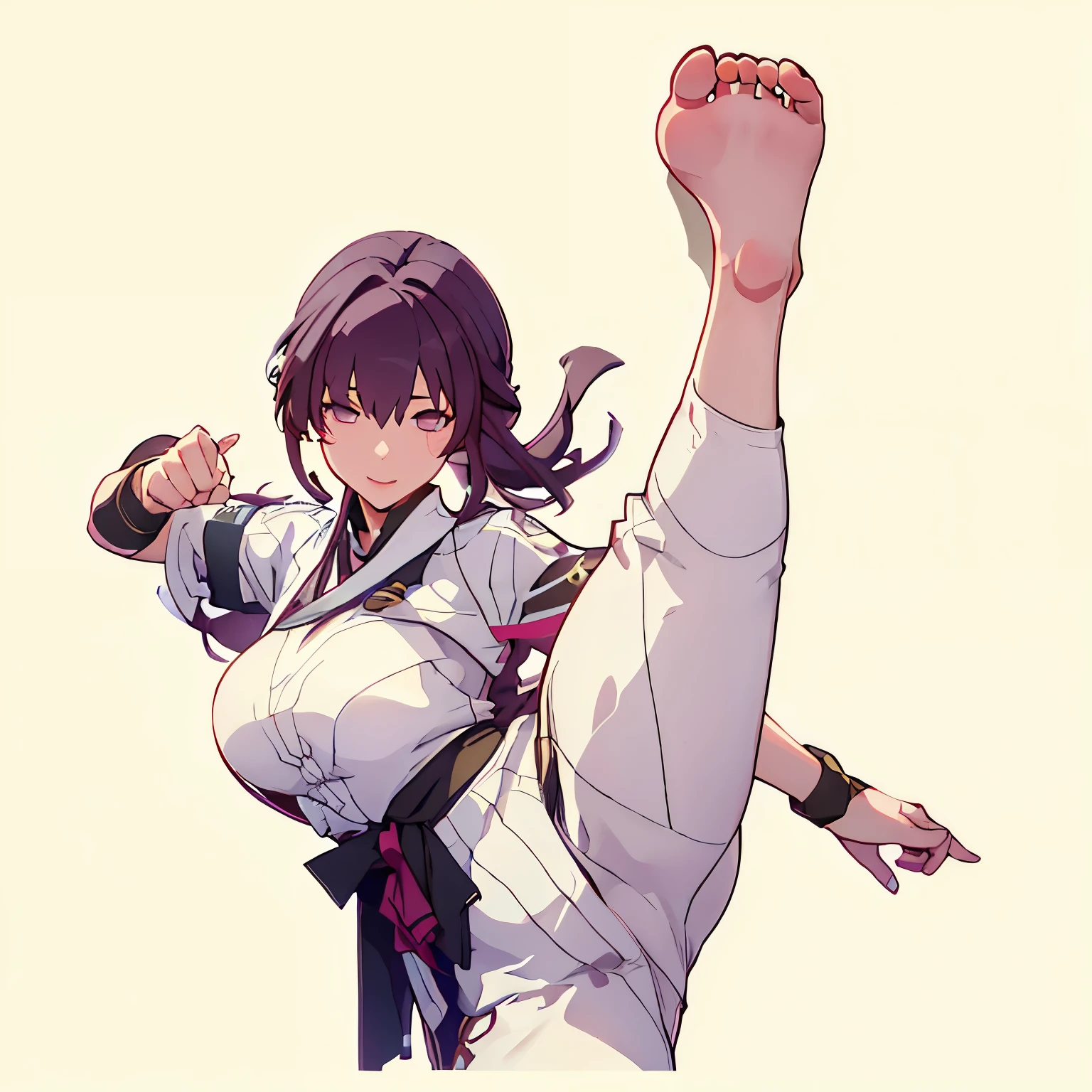 1girl, hsr_kafka, stellaron hunters outfit, barehands, barefoot, standing on one leg, high kick, accurate hands, accurate foot, fighting pose, martial arts, intense battle, barehand fighting contest, facing viewer, perfect anatomy, accurate proportions, (best quality,8K,high resolution,ultra-detailed,masterpiece)