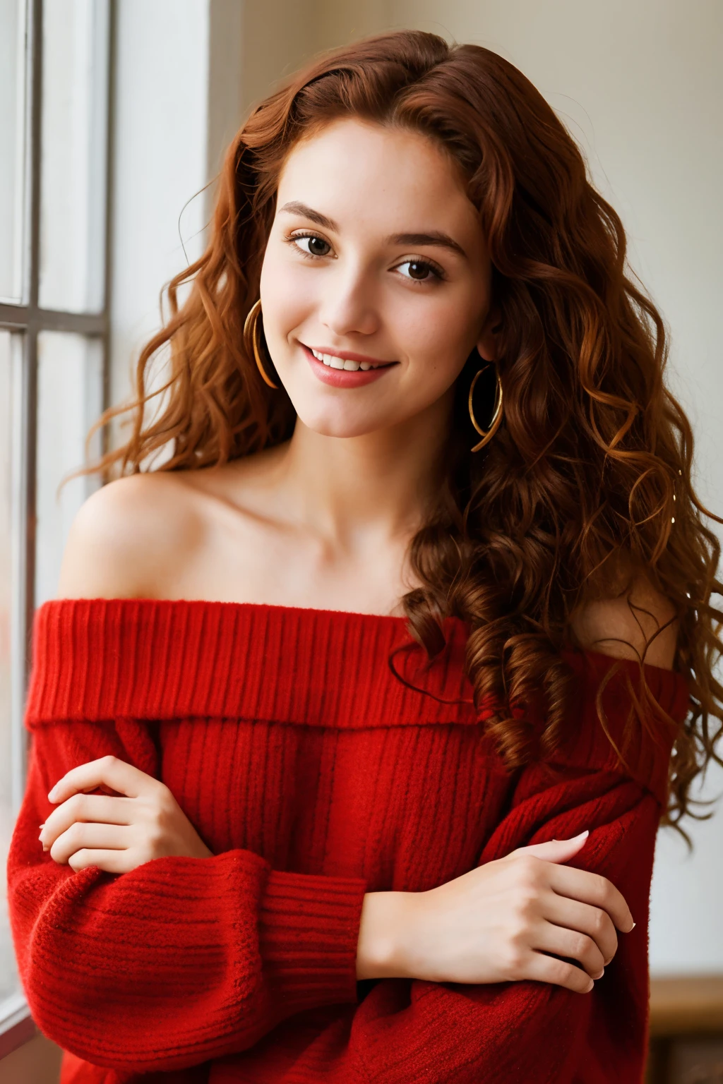 1girl, off-shoulder sweater, wizard with red and long hair, woman with red curly hair, elderly