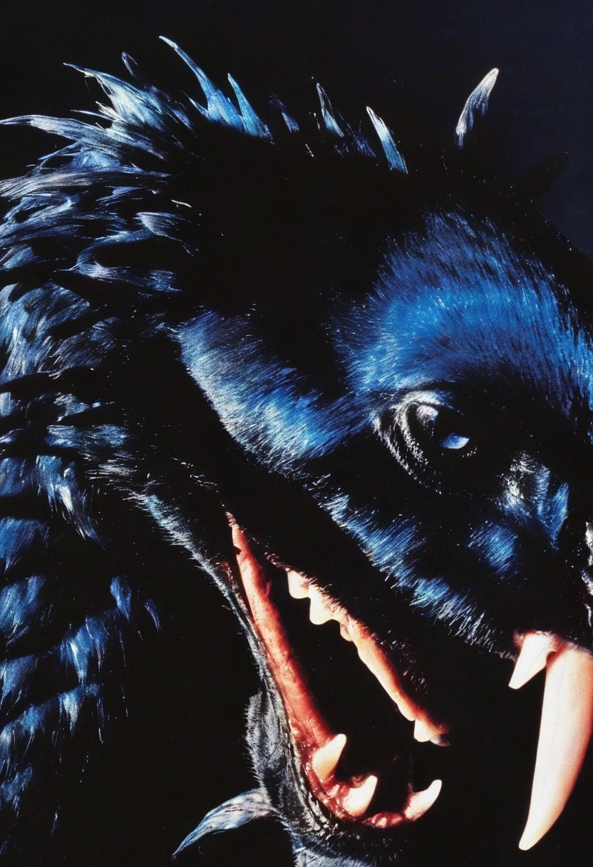 fashion shoot of horror monster bird in darkness, blue background