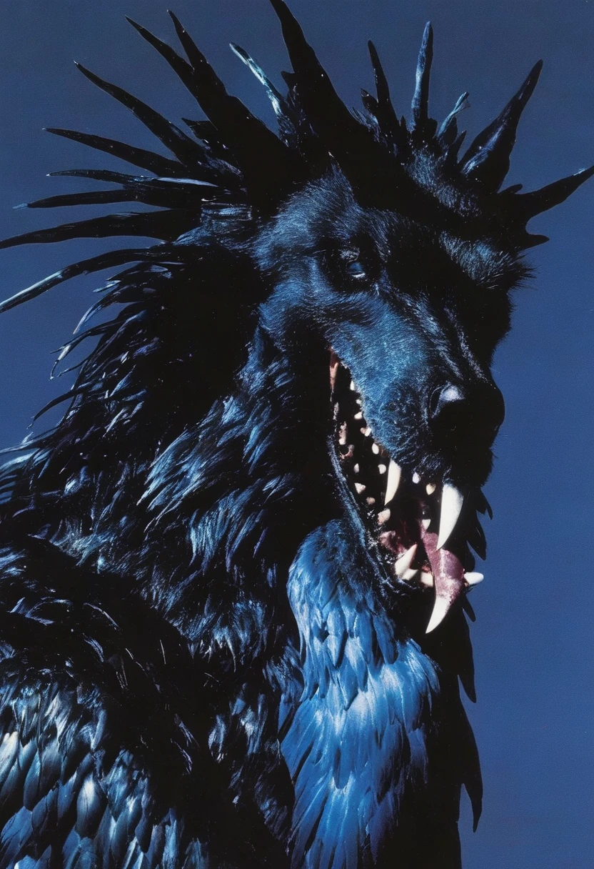 fashion shoot of horror monster bird in darkness, blue background