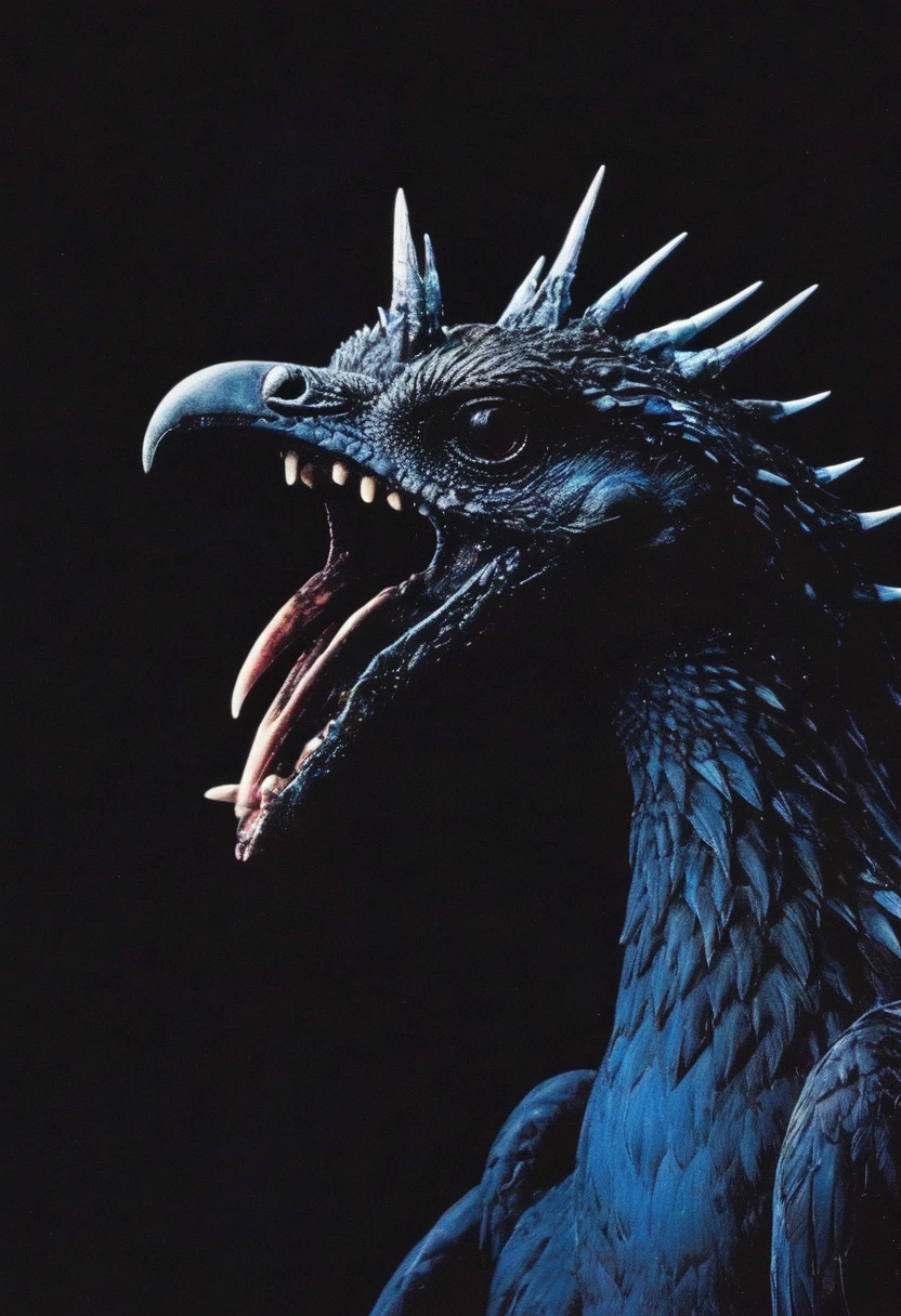 fashion shoot of horror monster bird in darkness, blue background