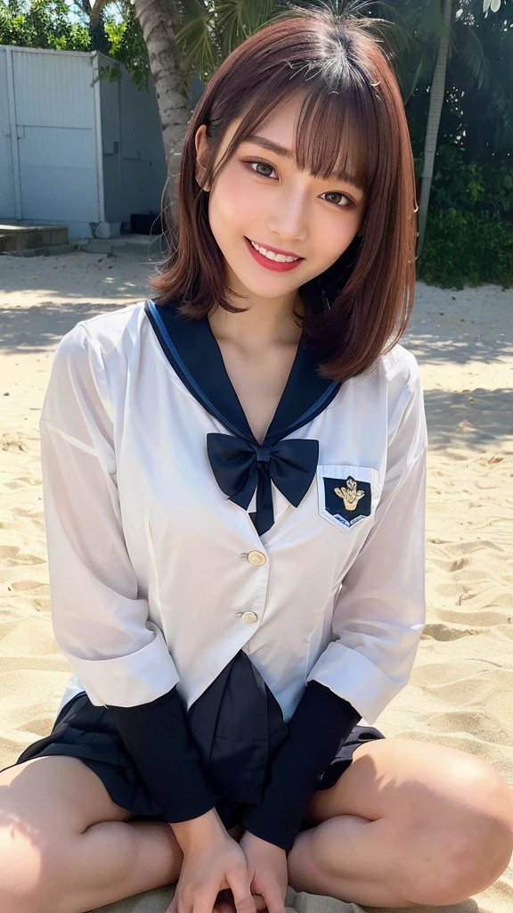score_9, score_8_superior, score_7_superior, highest quality, Realistic, masterpiece, Beautiful details, hyperRealistic, woman,14, 13yo, 12 years old, Round and small face, Baby Face,One girl, masterpiece, high quality, High resolution, (Open naked blazer:1.25),(schooluniform,bow,black panty:1.35), Outdoor, (medium Breasts, Cleavage, slender waist,abs:1.25),whole body, null, cloud, Complex background, Warm Light, (Top crop:1.2), Covered nipples, (short hair,no part hair:1.35) (beach,Sea:1.3),(sitting with spreading legs,lotus position,Indian style:1.55)、(big Droopy eyes, Natural Makeup、Ultra-high definition beauty face,perfect face:1.35)、(Ultra high resolution perfect beautiful teeth, Mid-chest, Tight waist,toothy smile:1.15)、Use natural light and color,lity glossy red lips