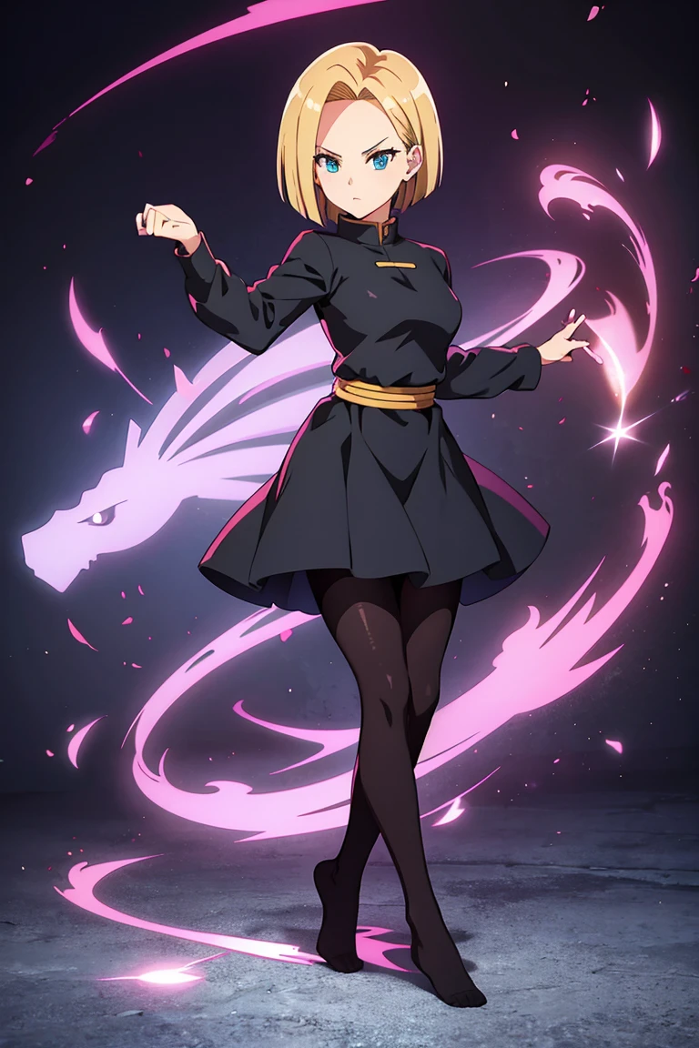 Anime girl, android 18 from Dragonball, elegant dress, black pantyhose, whole body, without shoes
