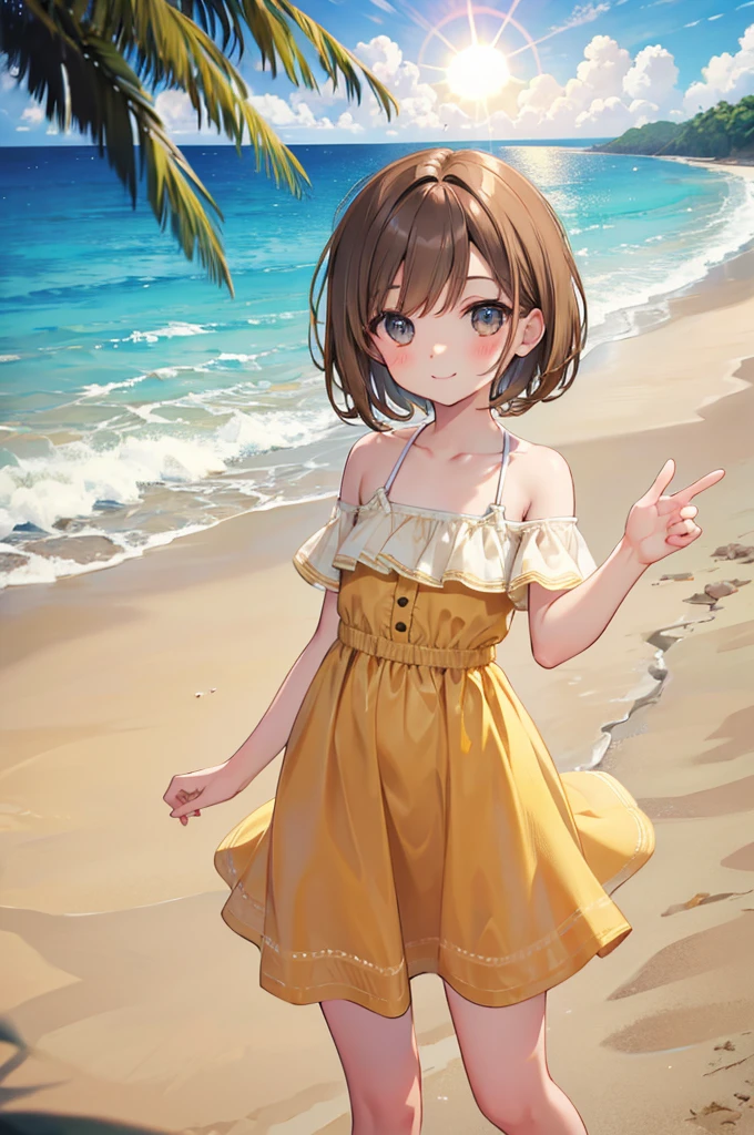 Light brown hair Short Bob Bun Hair Brown eyes Yellow dress blue sea White sand beach Light of the sun smile