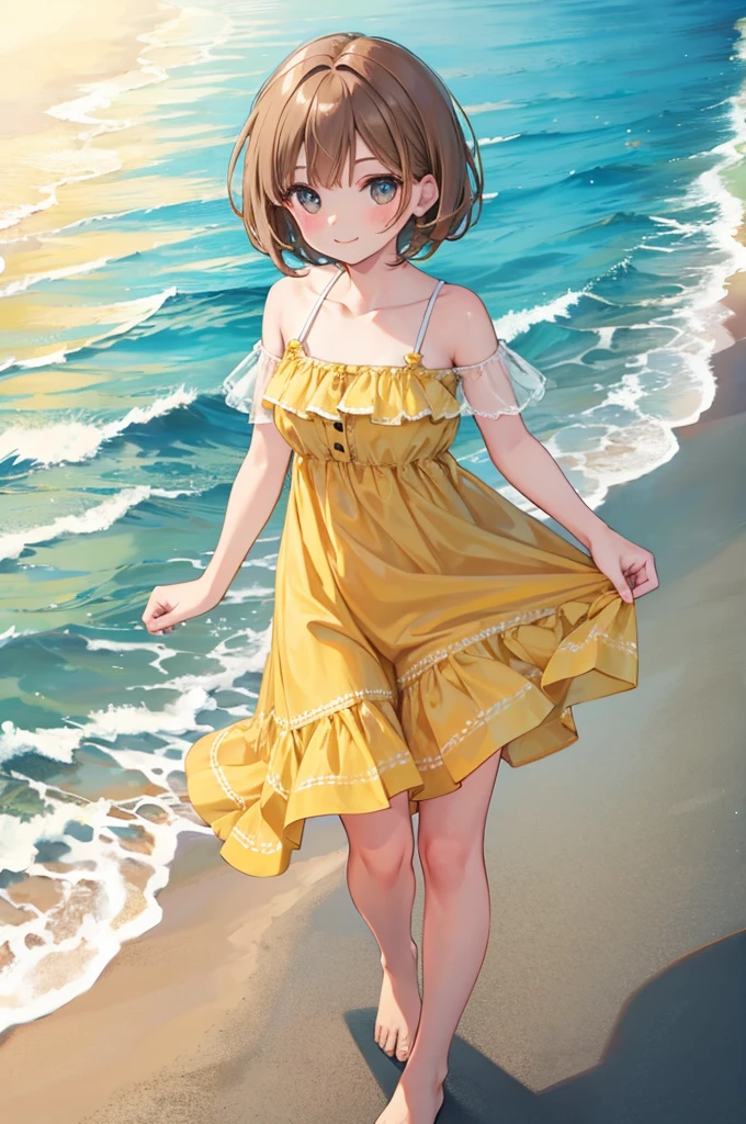 Light brown hair　Short Bob　Bun Hair　Brown eyes　Yellow dress　blue sea　White sand beach　Light of the sun　smile