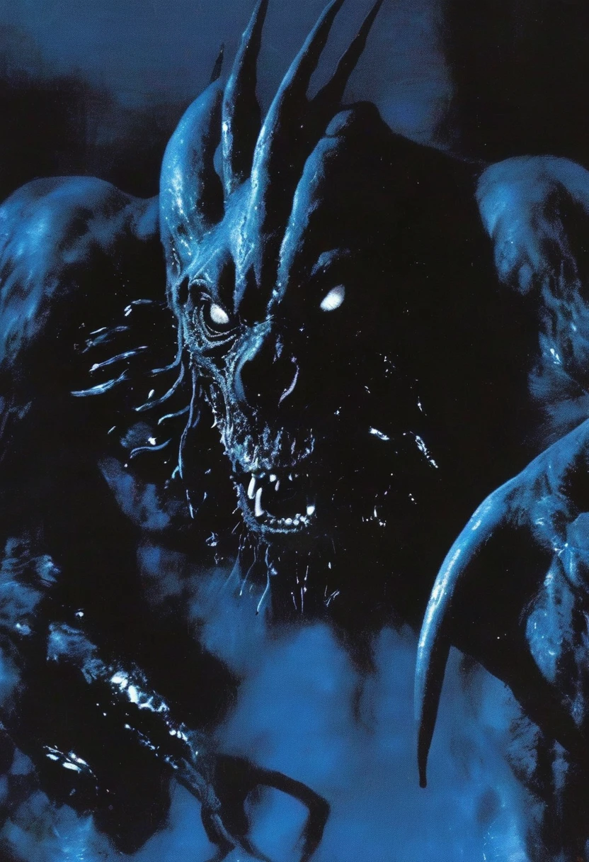 lovecraftian creature in darkness at night, blue background