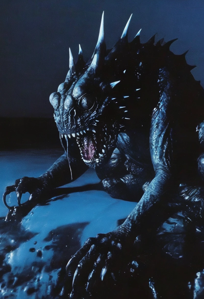 lovecraftian creature in darkness at night, blue background