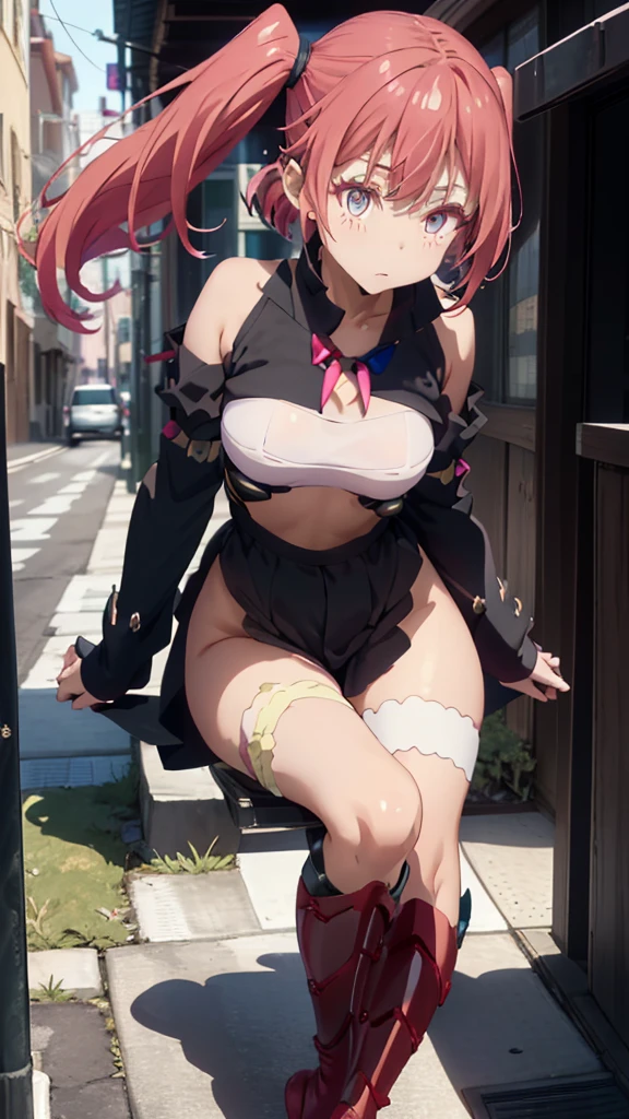Masterpiece、最high quality、high quality、High definition、High resolution、High detail、Lens flare、Ray Tracing、high qualityなテクスチャー、high qualityな影、Beautiful details、Detailed explanation、Detailed texture、Realistic facial expression、Realistic and colorful、Delicate、Cinematic Light、Side light、Sharp Focus、(1 Female:1.3)、(Intricate detailakeup、Pure Eros Face_v1:0.5)、(Details Beautiful delicate face、Detailed beautiful delicate eyes、Perfect Facial Proportions、Detailed skin、Charm)、Fancy Twin Tails、Beautiful bangs、Pink Hair、(Two-tone gradient hair color)、slender、(Large upward-facing breasts)、(Detailed crotch、V-Cut、High Leg、Thong)、Thighs、Dress shirt、Removing the Sleeve、boots、Provocative attitude、Release your knees、Leg spread、Raise your arms、Low-angle composition、(Take a deep breath、Work on this image step by step)