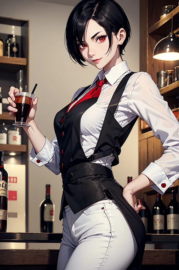 Female bartender, short black hair, pale skin, light red eyes. A sinister smile Wear a white shirt over a black vest. Black pants, small bust