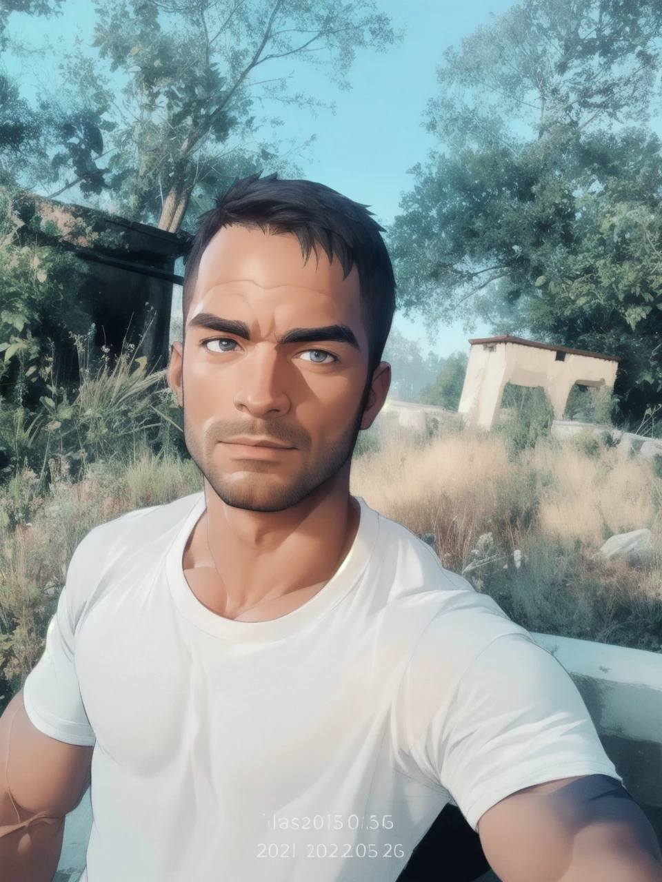 masterpiece, best quality, sketch, solo, facial hair, 1boy, muscular, bara, mature male, taut shirt, short hair, large pectorals, tight shirt, monochrome, fingerless gloves, covered abs, stubble, looking at viewer, pants, cropped legs, thick eyebrows, biceps, greyscale