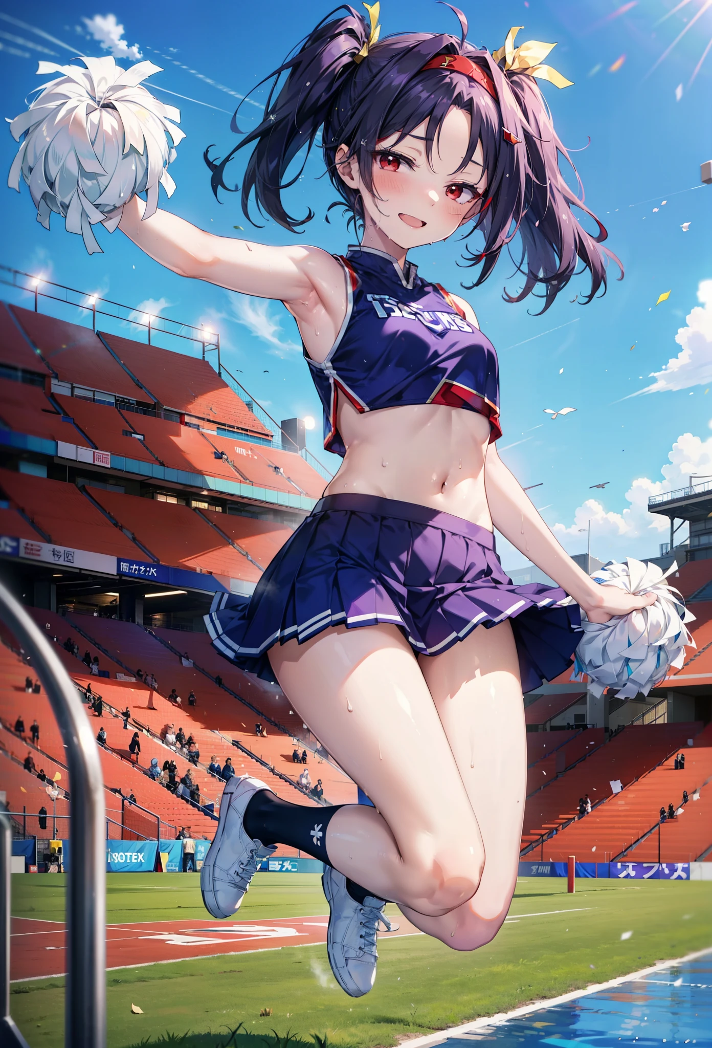 yuukikonno, yuuki konno, hair band, Long Hair, Pointed Ears, Purple Hair, (Red eyes:1.5), (Small breasts:1.2), Open your mouth wide,(Very delicate eyes), (cheer leading), (whole body),smile,blush,Lower, (Sweaty), Sweaty Wet Clothes, (Purple clothes), Pleated skirt,Black socks,sneakers,Belly-baring support, playground, (Jump), (Jump), 足を曲げてJumpする, air, blue sky, Grass原, smile,Cheerleader, Pom-pom \(cheer leading\), Grass, smile,
break looking at viewer, whole body,(Cowboy Shot:1. 5) ,
break outdoors, Stadium,crowd, people々々,
break (masterpiece:1.2), Highest quality, High resolution, unity 8k wallpaper, (figure:0.8), (Beautiful attention to detail:1.6), Highly detailed face, Perfect lighting, Highly detailed CG, (Perfect hands, Perfect Anatomy),