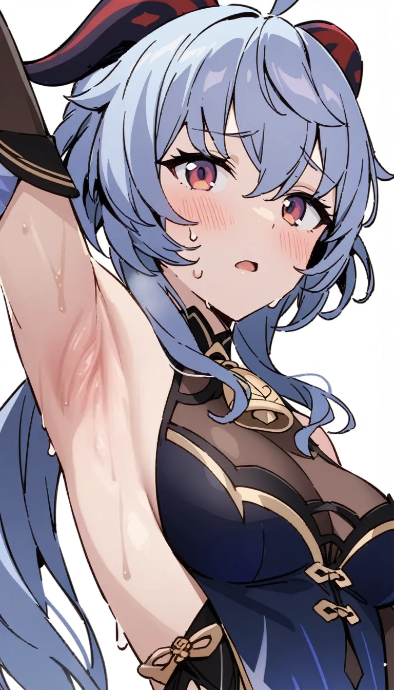 (masterpiece:1.2), hyper detail, best quality, (intricate_details:1.1), beautiful detailed, beautiful hair, solo, 1girl,ANIME COLORING,GANYU \(GENSHIN IMPACT\), 1GIRL, SOLO, SBLACK GLOVES, BARE SHOULDERS, BREASTS, ELBOW GLOVES, SKETCH, NECK BELL, BLUE DRESS, ALTERNATE COSTUME, DETACHED SLEEVES,((upper body)),simple background,white background,sweating,greasy shoulder,from below,flipped hair,armpit,greasy armpit,shoulder focus,((armpit focus)),bare shoulder,upper body,((greasy armpit)),((smooth armpit)),((Detailed armpit)),((elastic armpit)),((soft armpit)),pov,((one hand flipping hair)),blush,heavy breathing,wide sleeves,large breasts,((Warm armpits)),((rosy armpit)),((hot skin)),((hot armpit)),((wet armpit)),(((sweat armpit))