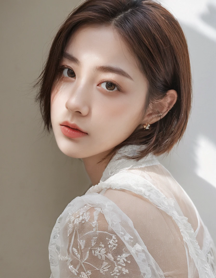xxmixgirl, analog style, eye focus, highest quality, (highly detailed skin), photo of a exquisitely beautiful pale skin, 21yo, perfect face, alluring eyes, (seductive makeup: 1.3), skin pores, (bokeh:1.5), sharp focus, dappled lighting, (backlighting), film grain, (highly detailed, intricately detailed), 8k, HDR, front view, studio light, Ultra-detailed face, Detailed eyes, (Double eyelid: 1.4), Alice toggle, brown eye, (commercial: 1.6), (seductive makeup), ((white studio background: 2))