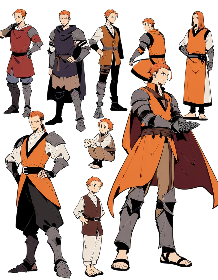 Illustrations with a pure white background。One Man。whole body。A man with orange hair slicked back、Medieval-style orange sleeveless vest and、Wearing baggy medieval trousers。He is a fighter、An iron forehead protector、Iron gauntlets on his arms、He has iron leg guards on his feet.。The man has an innocent smile、Left hand on hip。