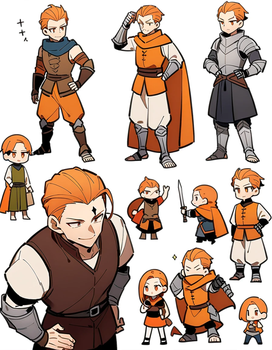 Illustrations with a pure white background。One Man。whole body。A man with orange hair slicked back、Medieval-style orange sleeveless vest and、Wearing baggy medieval trousers。He is a fighter、An iron forehead protector、Iron gauntlets on his arms、He has iron leg guards on his feet.。The man has an innocent smile、Left hand on hip。
