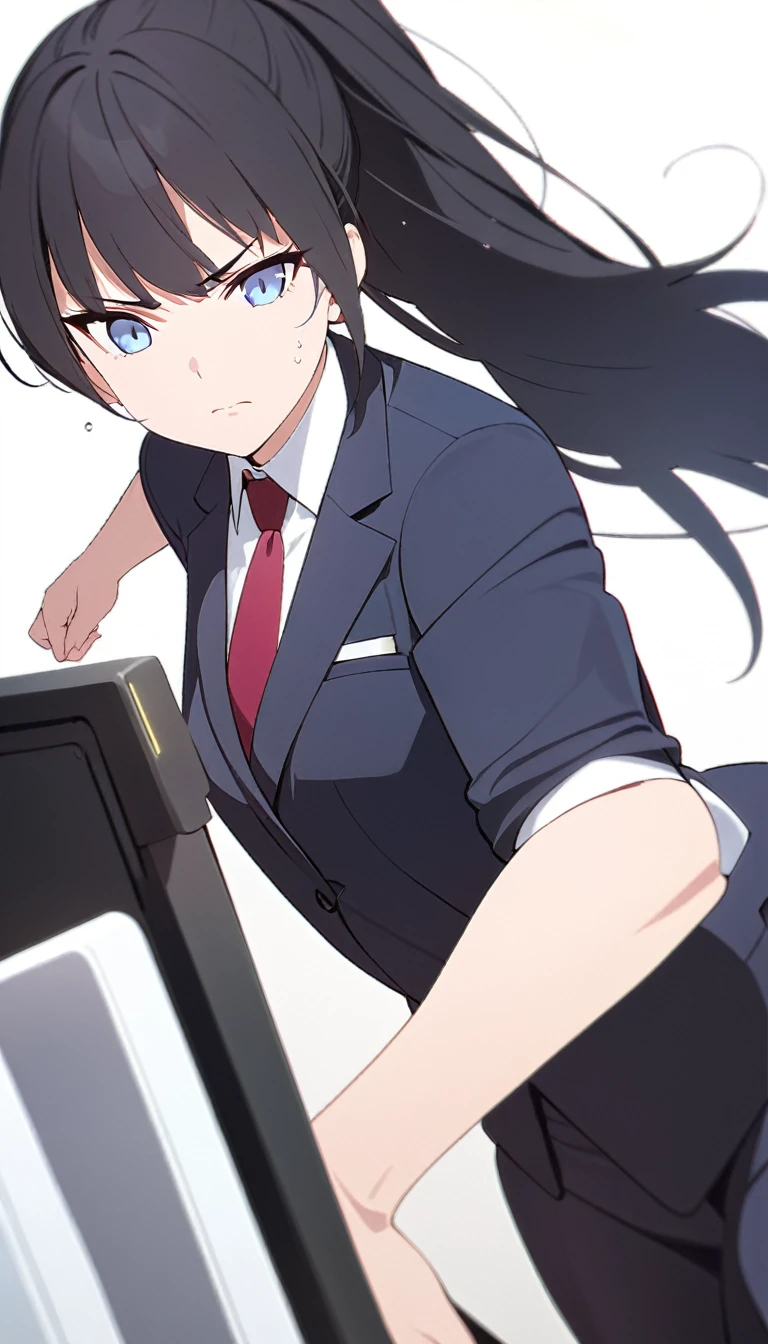 (masterpiece, high quality, best quality, highres,) One Woman, young, black hair, ponytail, Blue Eyes, Athletic build, determined, closed mouth, shirt, office staff suit, Simple, white background, standing, cowboy shot, (shoot from front),