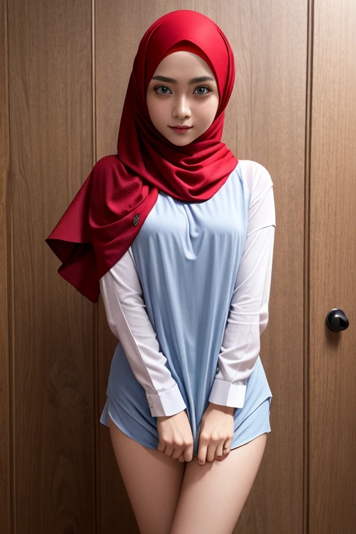 masterpiece, best quality, high resolution, 1 malay girl, shirt, naked shirt, shirt tug red hijab,, blue eyes, blush, shy face,
