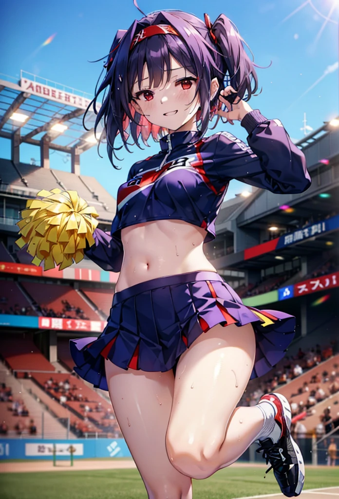 yuukikonno, yuuki konno, hair band, Long Hair, Pointed Ears, Purple Hair, (Red eyes:1.5), (Small breasts:1.2), Open your mouth wide,(Very delicate eyes), (cheer leading), (whole body),smile,blush,Lower, (Sweaty), Sweaty Wet Clothes, (Purple clothes), Pleated skirt,Black socks,sneakers,Belly-baring support, playground, (Jump), (Jump), 足を曲げてJumpする, air, blue sky, Grass原, smile,Cheerleader, Pom-pom \(cheer leading\), Grass, smile,
break looking at viewer, whole body,(Cowboy Shot:1. 5) ,
break outdoors, Stadium,crowd, people々々,
break (masterpiece:1.2), Highest quality, High resolution, unity 8k wallpaper, (figure:0.8), (Beautiful attention to detail:1.6), Highly detailed face, Perfect lighting, Highly detailed CG, (Perfect hands, Perfect Anatomy),