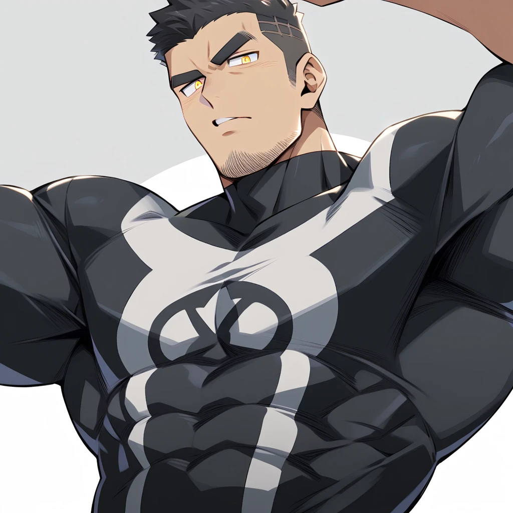one negro, anime characters:Gyee, Hibino Kafka, One Muscle Sports Student, negro black skin, Very Black, muscular tough guy, Manliness, male focus, Grey long sleeve turtleneck tight t-shirt, Regular symmetrical pattern, Very tight, muscular male, muscular, only, Upper body, alone, Black short hair, Thick eyebrows, stubble, Yellow eyes, White background, simple background, amazing quality, best aesthetics, Ridiculous, bright pupils, crew cut, parted lips, v-shaped eyebrows, jitome, best quality