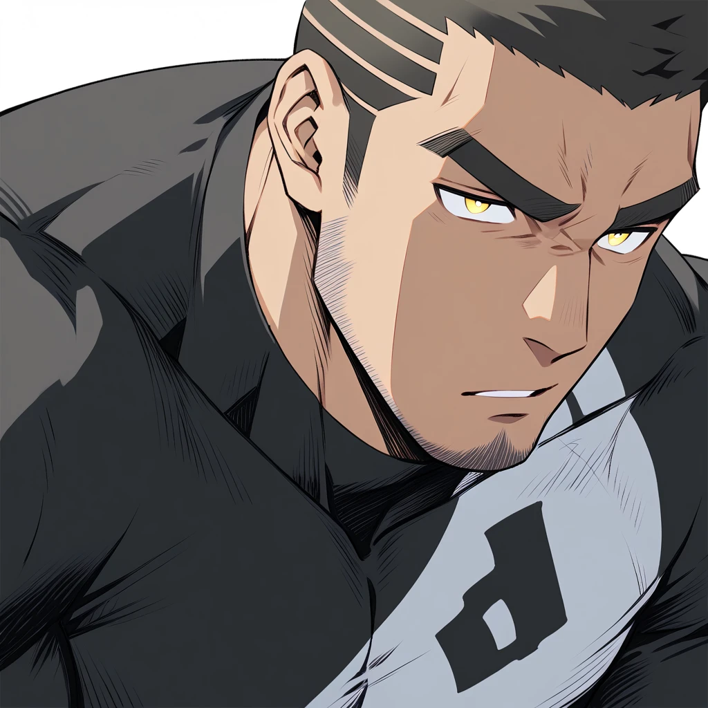 one negro, anime characters:Gyee, Hibino Kafka, One Muscle Sports Student, negro black skin, Very Black, muscular tough guy, Manliness, male focus, Grey long sleeve turtleneck tight t-shirt, Regular symmetrical pattern, Very tight, muscular male, muscular, only, Upper body, alone, Black short hair, Thick eyebrows, stubble, Yellow eyes, White background, simple background, amazing quality, best aesthetics, Ridiculous, bright pupils, crew cut, parted lips, v-shaped eyebrows, jitome, best quality