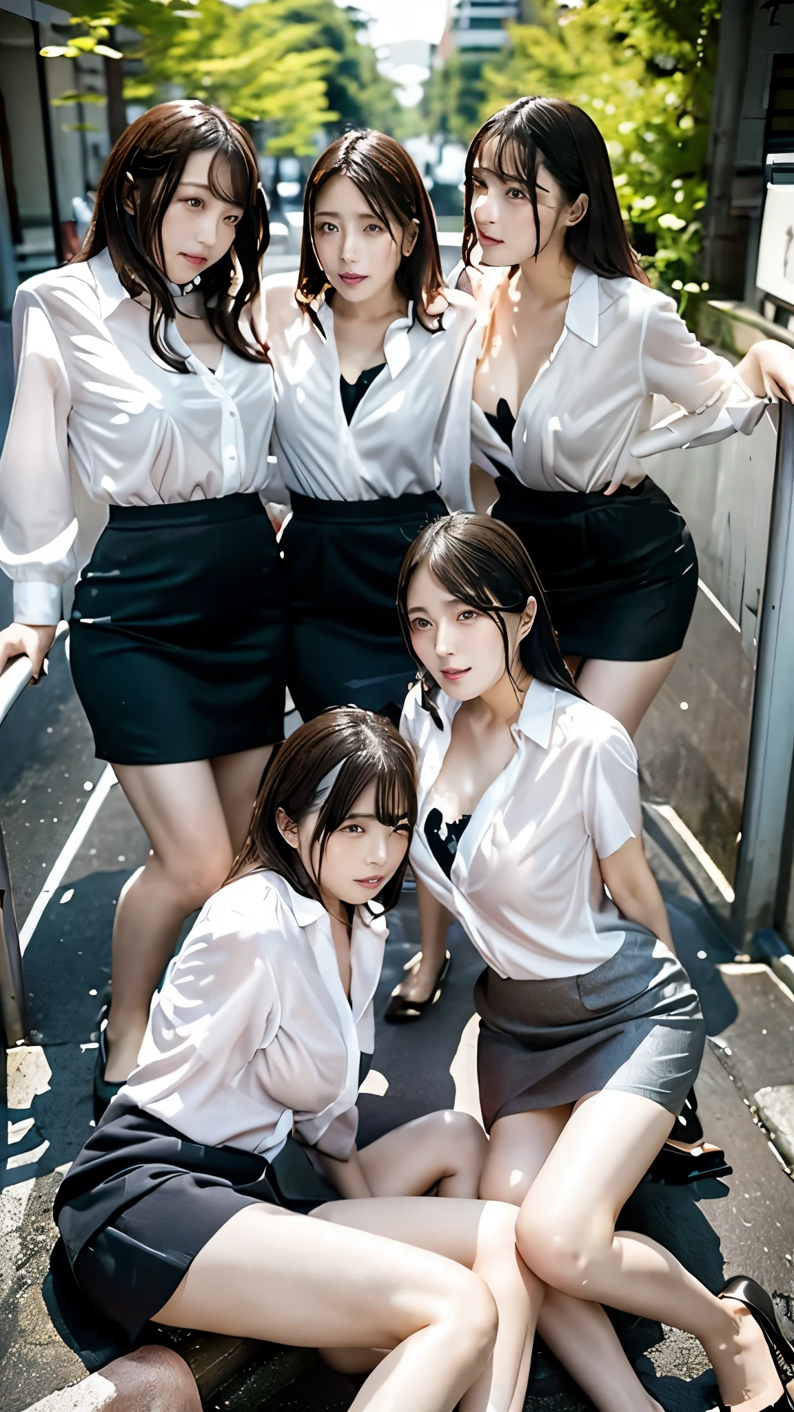 Wet,Rain,Three women waiting at a traffic light in an office building in Tokyo. High-resolution images of the women. Tailored suits, long skirts, and high heels,stooped posture with emphasis on the bosom,Sweaty and drenched.

 Their outfits emphasize their sexy and glamorous bosoms. Each woman has a unique style, yet they complement each other. They are posed to seduce a man with a slight blush on their cheeks.

 Against the backdrop of a staircase, passing men admire the legs of the women. 

 Lighting is natural and bright, capturing the energy and dynamism of this scene. 

 The overall atmosphere is erotic, sensual and impressionistic. The image from slightly below nicely captures their beautiful legs; the image is horizontal to capture the three women as a whole, and the moderate depth of field brings the women into sharp focus while slightly blurring the background for emphasis.