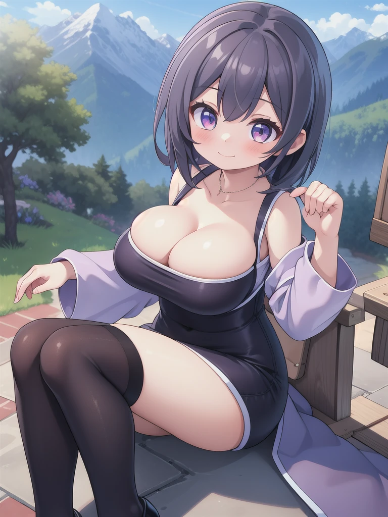 master-piece, bestquality, 1girls,, View viewers from the side, HD, slight smile, big tits, cleavage, tights cloth, , tiny body, sit, outdoor, mountain, wear glasses;