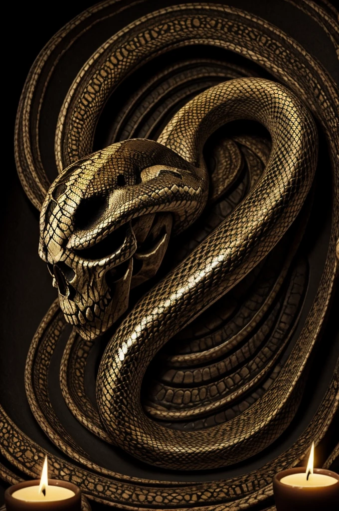 a stylized skull with deep, empty eyes, rodeada por la forma sinuosa de una serpiente que se enrosca alrededor de la rodilla, con su cabeza reposando sobre la frente de la calavera. Velas derretidas adornan los bordes superiores de la calavera, con cera goteando hacia abajo, mixing with the scales of the snake. This design symbolizes the eternal cycle of life and death, y el poder de lo oculto.