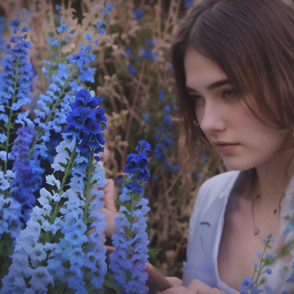 A young guy stands among delphiniums.