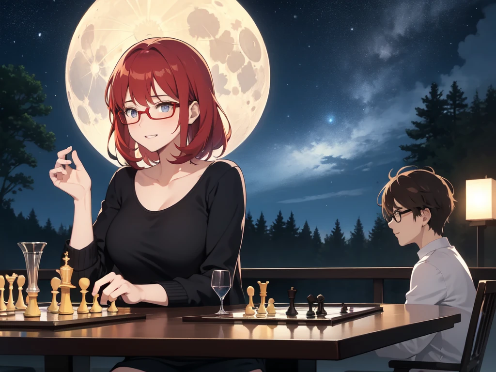 A red-haired woman and a man with glasses are playing chess in a fantastical place under the starry sky The moon is visible, and everyone looks happy, but there is also a slightly sad atmosphere.