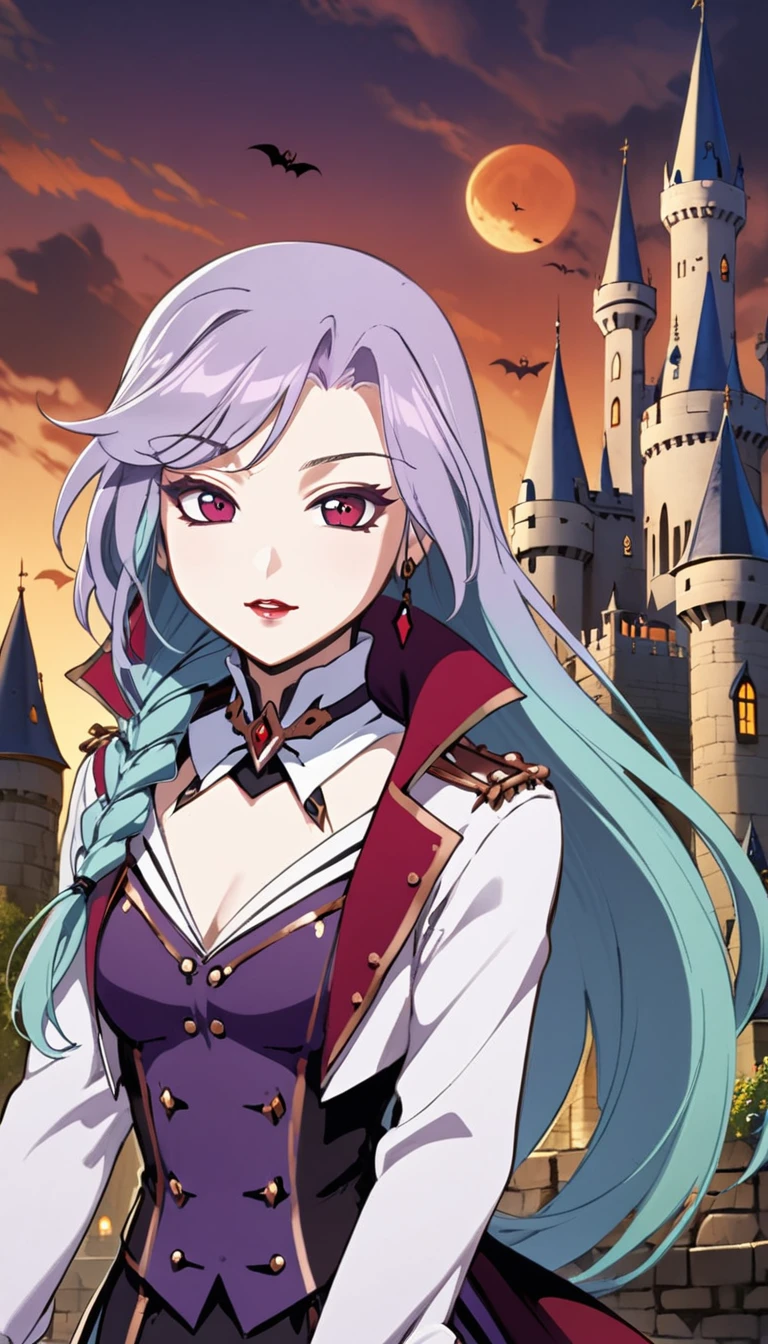 1girl, Sonata, purple hair, vampire, castle background