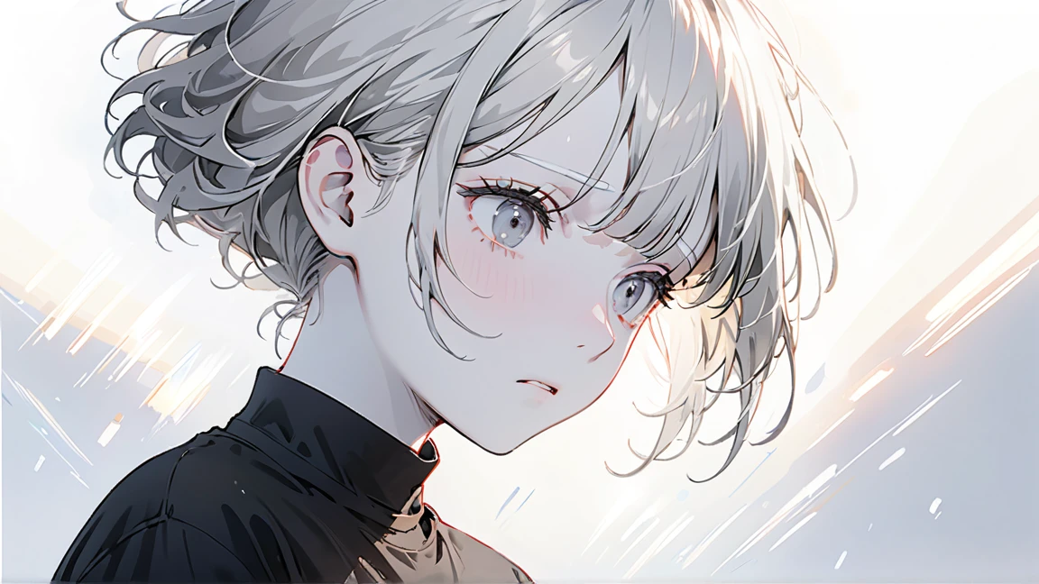 masterpiece, Highest quality, ((Pure white background)), Stubborn, Slim albino woman, Gray Hair, White eyelashes, White eyebrows, Cold Face, White skin, Black T-shirt, Sad expression, Lighting Effects, soft, very clearly, High-resolution images, (front)