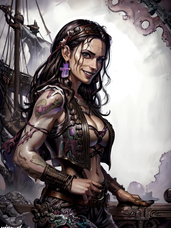 ((hyper-realistic illustration:1.4)), (dark fantasy), On bridge of ship. Sexy pirate lady, brunette, bandanna, earrings, leather vest, loose pants, boots, holding bottle of rum.((smile:1.2)). Masterpiece, best quality(highly detailed:1.2),(detailed face and eyes:1.2), depth of field, 8k wallpaper, natural lighting, core shadows, high contrast, bokeh.