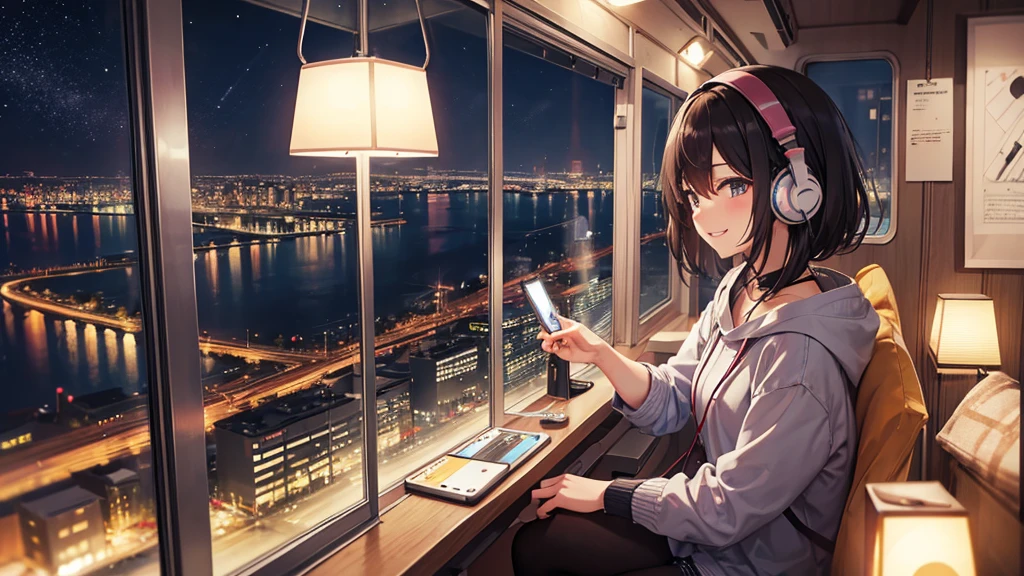 Listening to music through headphones、Smiling woman、Beautiful city from the window、Night view