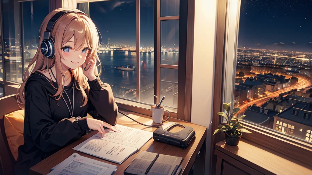 Listening to music through headphones、Smiling woman、Beautiful city from the window、Night view