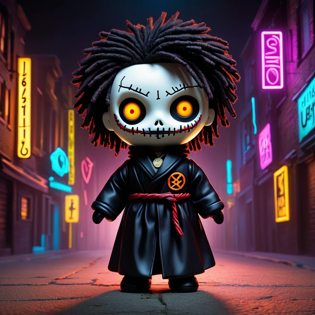 (knitted toy voodoo doll:1.8), (needles stuck into Voodoo:1.9), (logo with number 666:1.8), (eyes glow:1.8), (clothes in a black robe with the logo of the TON coin:1.9), (in the background a city in neon color:1.5), gothic horror atmosphere, best quality, masterpiece, detailed soft oil painting, detailed background, dramatic cinematic lighting, soft edge lighting, professional, dramatic lighting, hard edge lighting, ultra quality, 4k, masterpiece, best quality, 8k, ultra high definition, high definition, extremely detailed