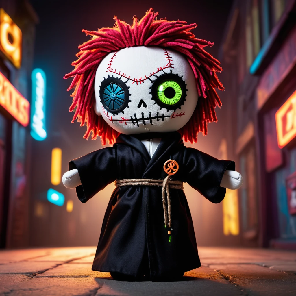 (knitted toy voodoo doll:1.8), (needles stuck into Voodoo:1.9), (logo with number 666:1.8), (eyes glow:1.8), (clothes in a black robe with the logo of the TON coin:1.9), (in the background a city in neon color:1.5), gothic horror atmosphere, best quality, masterpiece, detailed soft oil painting, detailed background, dramatic cinematic lighting, soft edge lighting, professional, dramatic lighting, hard edge lighting, ultra quality, 4k, masterpiece, best quality, 8k, ultra high definition, high definition, extremely detailed