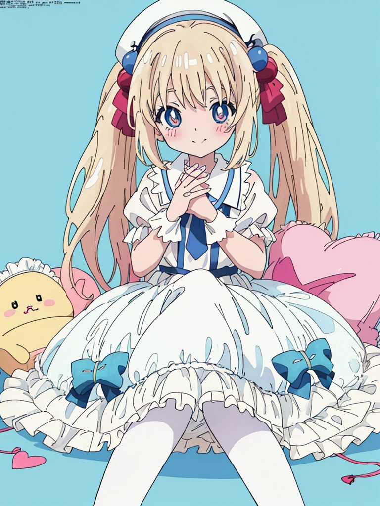 flat color, partially colored, limited palette, (Anime:1.8), Megami Magazine,
1 girl, , 10-yo, sweet, , baby face, sitting on the floor grasping one's knees, sitting on a frilled cushion, long hair, twin-tails, hair bobbles, cute smile, Glowing light blonde-yellow with hair and pupils, red blush, white frilled shirt, Puffy Sleeves, light blue frilled suspender skirt, (White petticoat:1.8), striped knee-highs, mary janes, holding a kitten, (light blue beret, Comes with a Pink bow), red bolo tie,
overexposure, colorful, simple background, cat footprints mark, hearts,