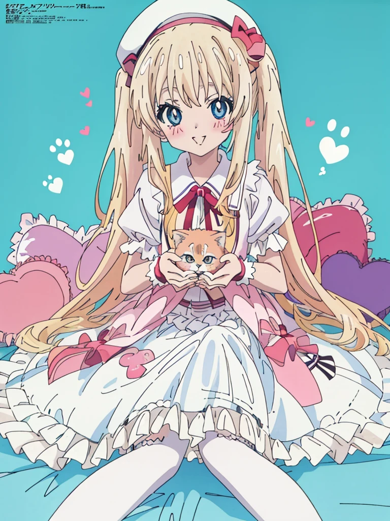 flat color, partially colored, limited palette, (Anime:1.8), Megami Magazine,
1 girl, , -yosweet, , babytting on the floor grasping one's knees, sitting on a frilled cushion, long hair, twin-tails, hair bobbles, cute smile, Glowing light blonde-yellow with hair and pupils, red blush, white frilled shirt, Puffy Sleeves, light blue frilled suspender skirt, (White petticoat:1.8), striped knee-highs, mary janes, holding a kitten, (light blue beret, Comes with a Pink bow), red bolo tie,
overexposure, colorful, simple background, cat footprints mark, hearts, 