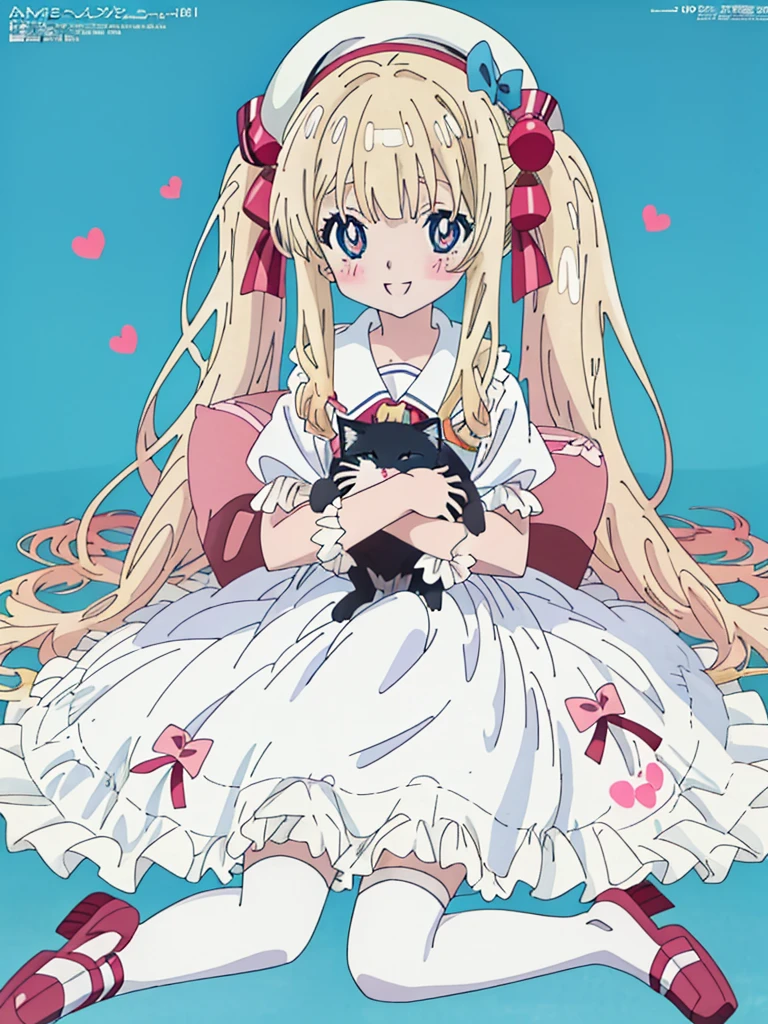 flat color, partially colored, limited palette, (Anime:1.8), Megami Magazine,
1 girl, , 10-yo, sweet, , baby face, sitting on the floor grasping one's knees, sitting on a frilled cushion, long hair, twin-tails, hair bobbles, cute smile, Glowing light blonde-yellow with hair and pupils, red blush, white frilled shirt, Puffy Sleeves, light blue frilled suspender skirt, (White petticoat:1.8), striped knee-highs, mary janes, holding a kitten, (light blue beret, Comes with a Pink bow), red bolo tie,
overexposure, colorful, simple background, cat footprints mark, hearts,