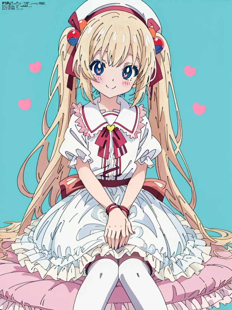flat color, partially colored, limited palette, (Anime:1.8), Megami Magazine,
1 girl, , 10-yo, sweet, , baby face, sitting on the floor grasping one's knees, sitting on a frilled cushion, long hair, twin-tails, hair bobbles, cute smile, Glowing light blonde-yellow with hair and pupils, red blush, white frilled shirt, Puffy Sleeves, light blue frilled suspender skirt, (White petticoat:1.8), striped knee-highs, mary janes, holding a kitten, (light blue beret, Comes with a Pink bow), red bolo tie,
overexposure, colorful, simple background, cat footprints mark, hearts,