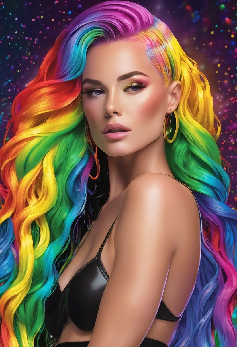 arafed woman in a black bikini top and a rainbow colored curtain, gold black and rainbow colors, rainbow hair overlay, lgbt art, rainbow colored, rainbowcore, rainbow bg, rainbow aurora, raining rainbow, rainbows in the background, fiberoptic hair, rainbow colors, rainbow clothes, dark rainbow, fiber optic hair, auroracore, with sprouting rainbow hair