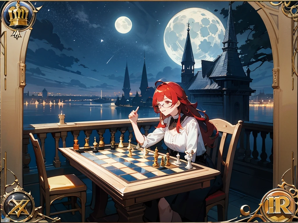 A red-haired woman and a man with glasses are playing chess in a fantastical place under the starry sky The moon is visible, and everyone looks happy, but there is also a slightly sad atmosphere.