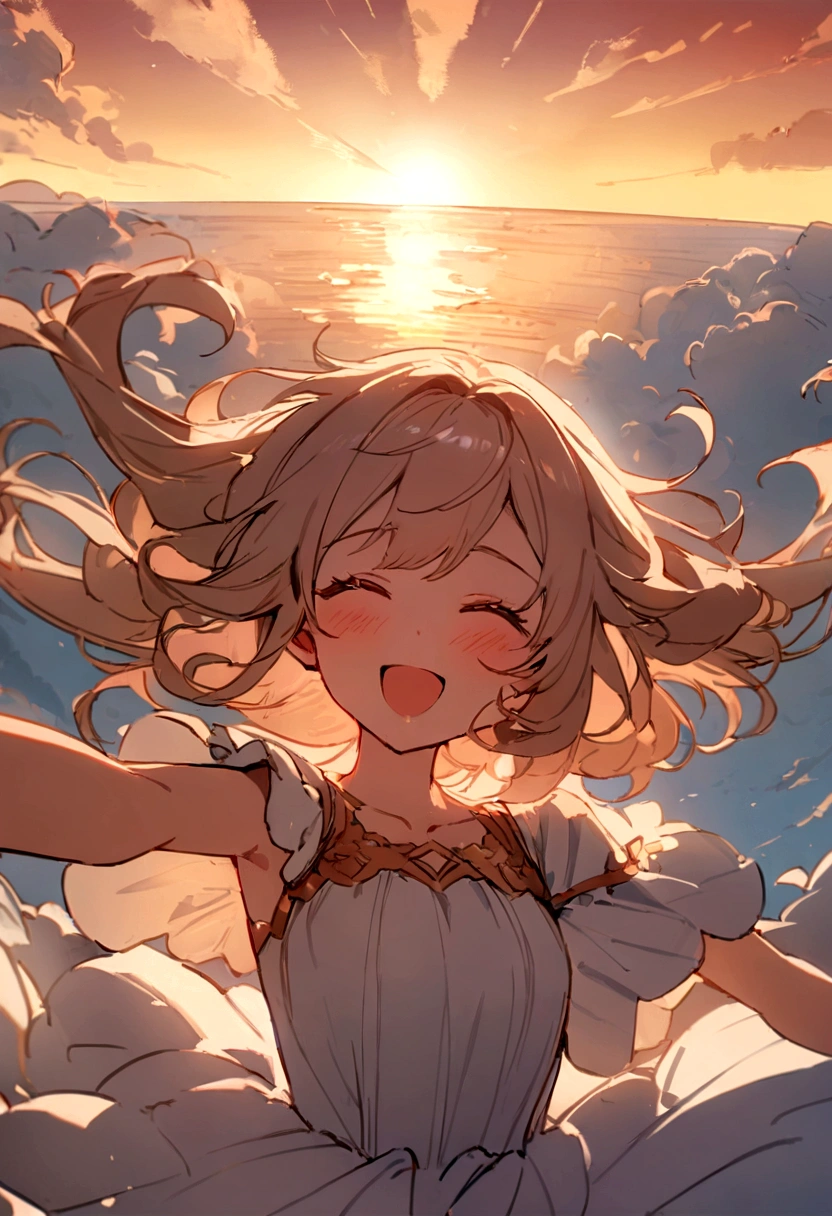 masterpiece, Highest quality, Freeze Frame, 1 girl, Cloud Girl, Floating in the sky, close, hell, Happy, warm, Soft Light, Sunrise gorgeous little
